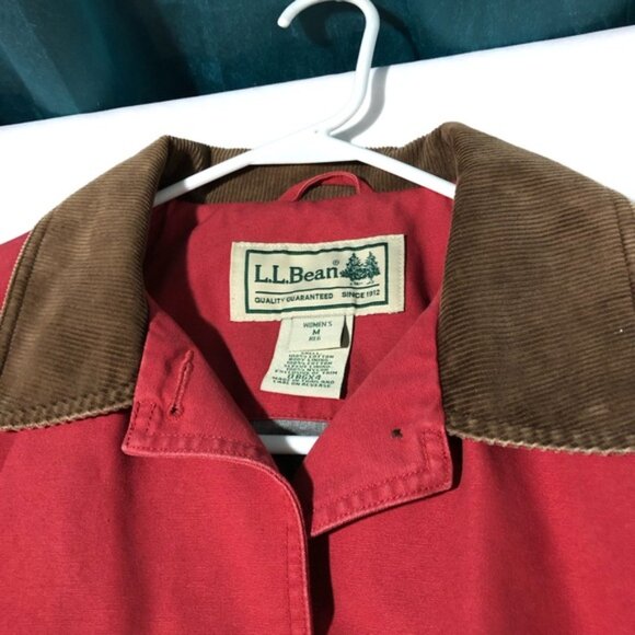 LL Bean womens red canvas chore jacket barn coat sz M corduroy collar cuffs - Picture 4 of 12